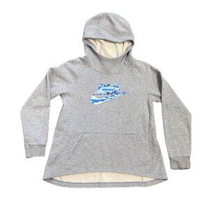 Nike Girls M Gray Pullover Hoodie Kangaroo Pockets Blue Camo Logo Swoosh Fall